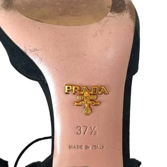 PRADA Open Toe Ruffle Suede Strap Ankle Heel Sandals Women's Size 7 Prom Formal - Picture 6 of 16